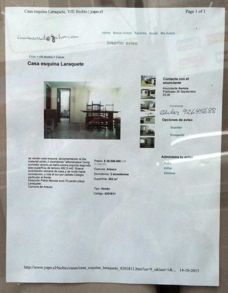 El aviso de la venta de una casa en Laraquete